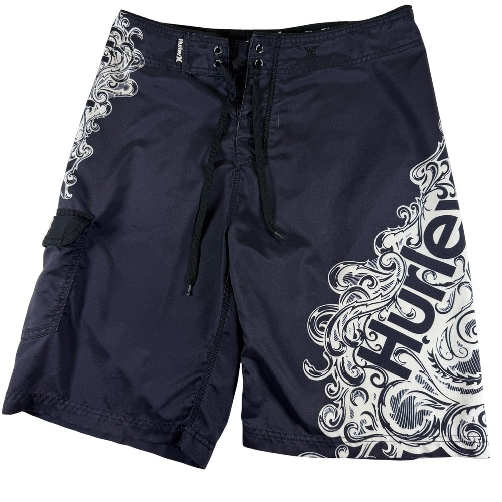 Hurley Mens Board Shorts Black White Filigree Scroll Logo Swim Trunks MB04SAT 33
